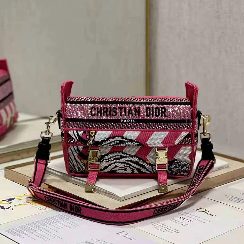 Dior Small Diorcamp Bag Pink Multicolor Toile de Jouy Zoom Technical Canvas with Strass for Women