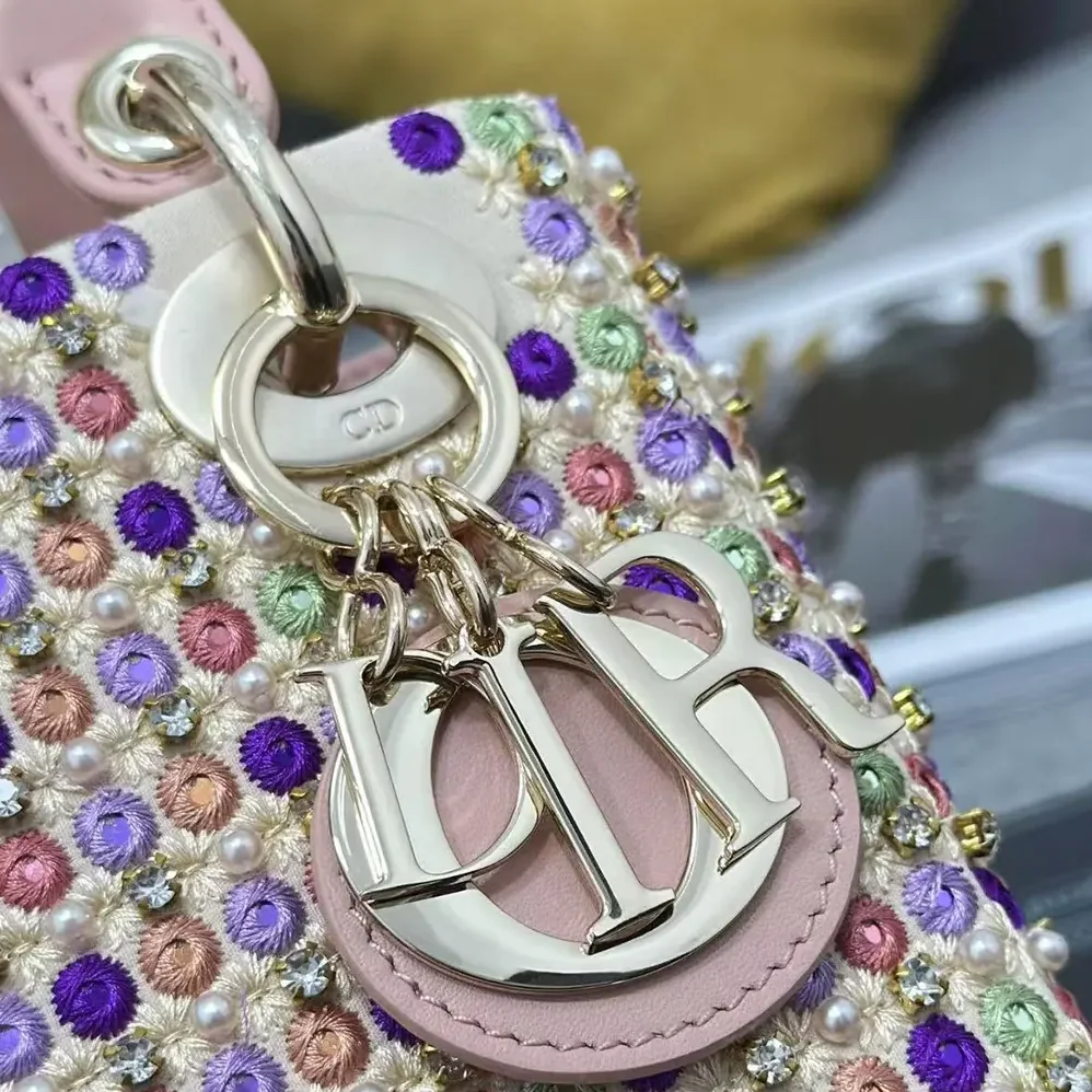 Dior Lady Dior Bag Metallic Calfskin and Satin with Celestial Pink Bead Embroidery for Women Dior Lady Dior Bag Metallic Calfskin and Satin with Celestial Pink Bead Embroidery for Women