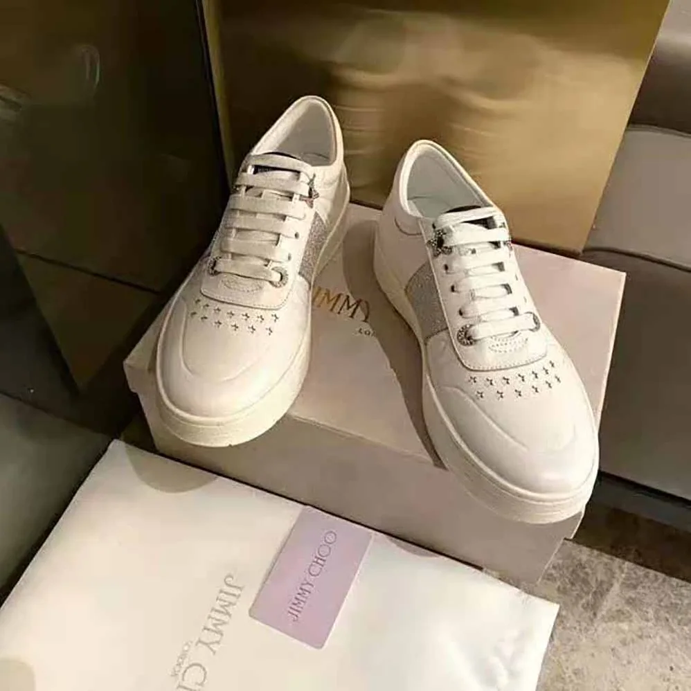 Jimmy Choo Hawaii F White Calf Leather Lace-Up Trainers with Glitter Stripe for Women Jimmy Choo Hawaii F White Calf Leather Lace-Up Trainers with Glitter Stripe for Women
