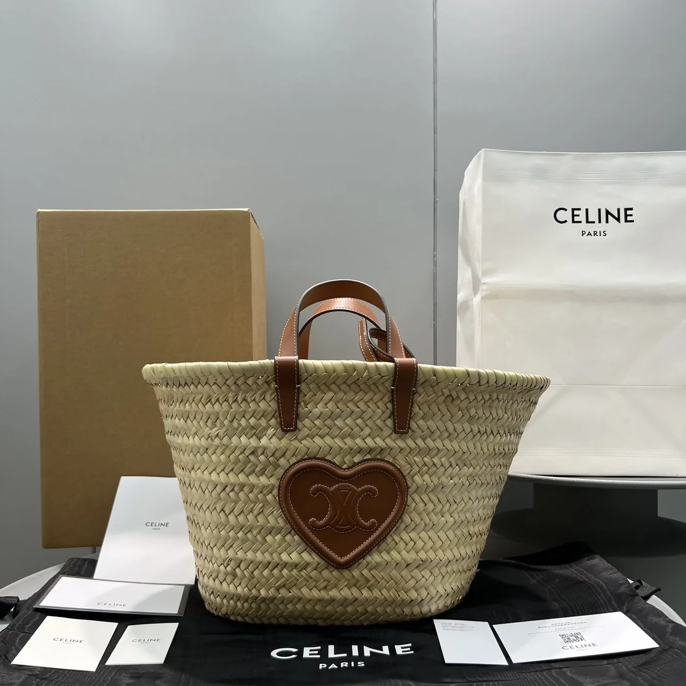 Celine Teen Triomphe Celine Classic Panier In Palm Leaves With Heart Patch Brown / .04LU