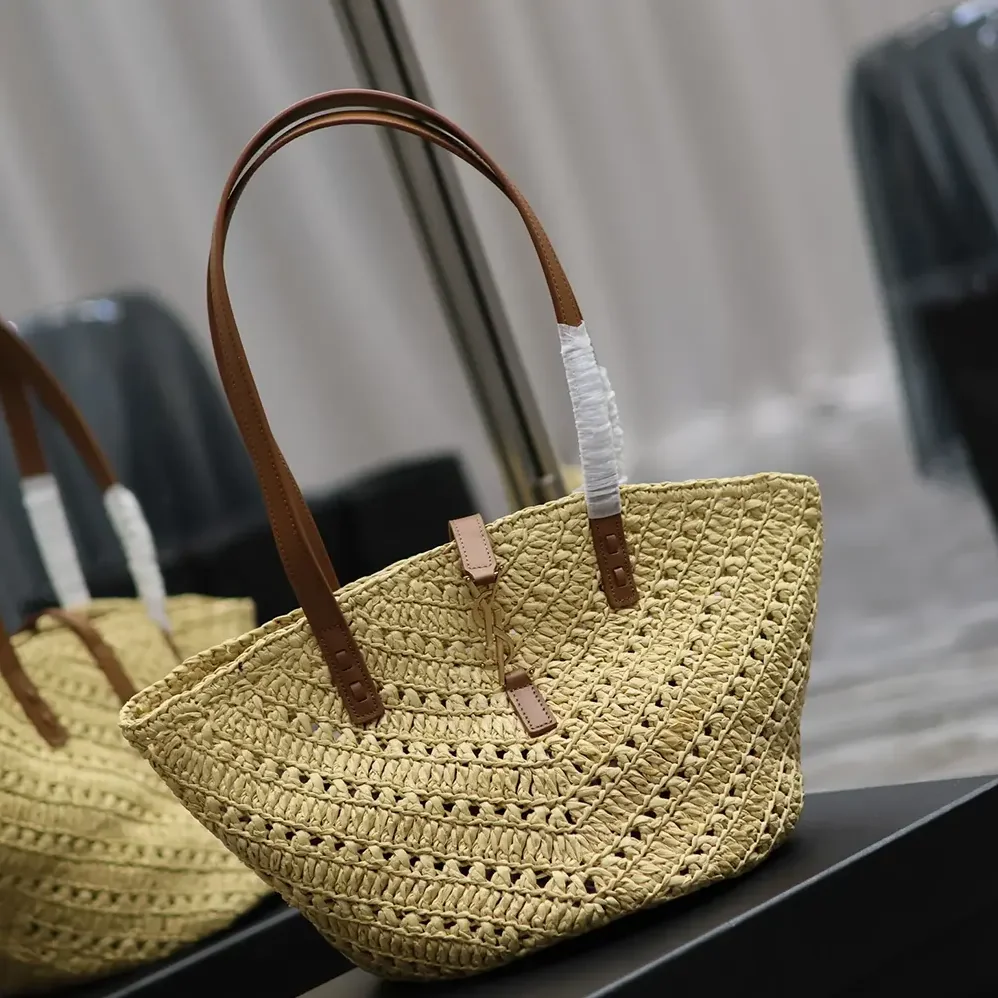 Saint Laurent YSL Panier Small in Raffia and Vegetable for Women in tanned Leather