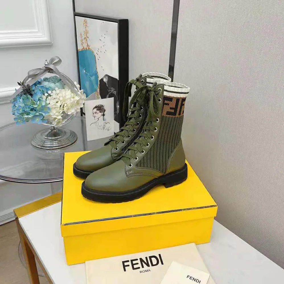 Fendi Rockoko Green Leather Biker Boots with Sstretch Fabric for Women