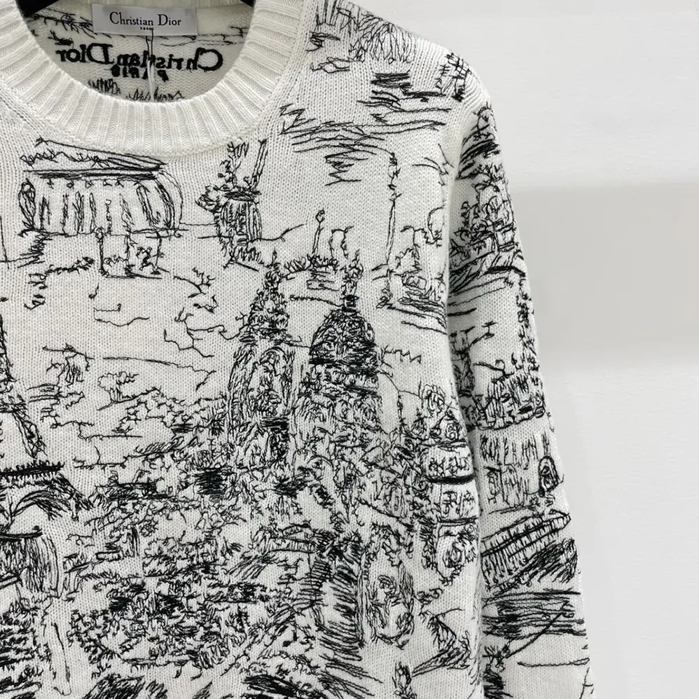 Dior Embroidered Sweater White and Black Cashmere Knit with Paris Allover Motif for Women