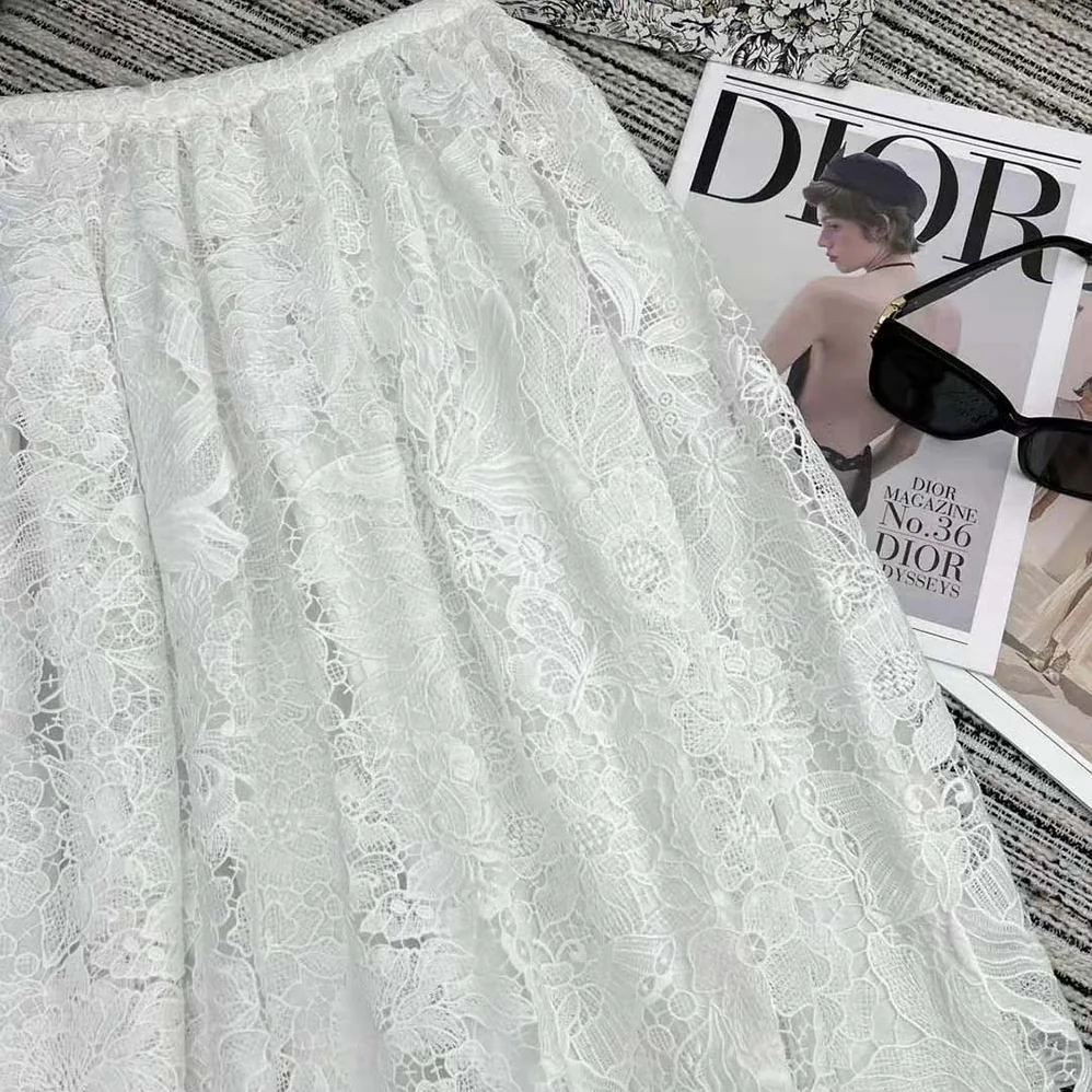 Dior Flared Mid-length Skirt Ecru Technical Cotton Lace with Star Motif for Women