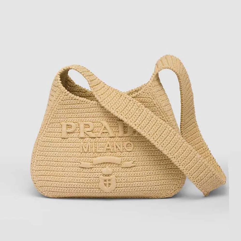 Prada Crochet Tote Bag with Embroidered Lettering Logo for Women in Natural Prada Crochet Tote Bag with Embroidered Lettering Logo for Women in Natural