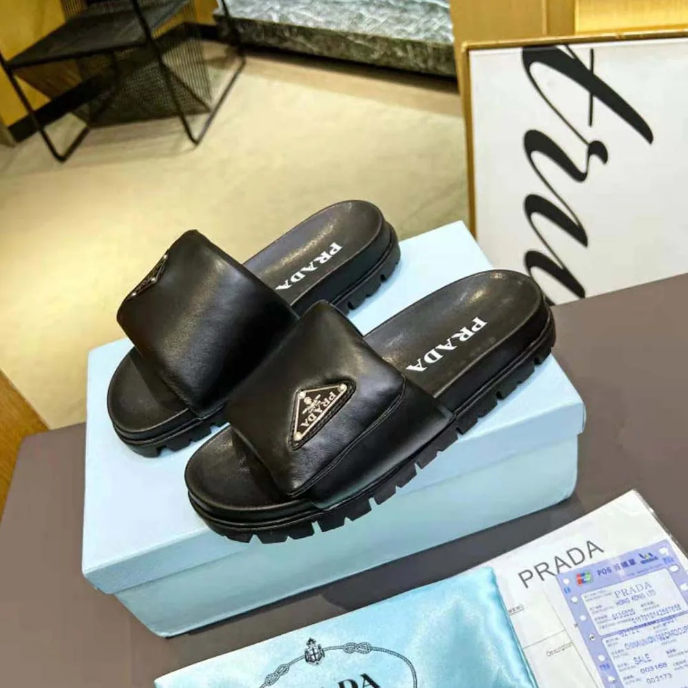 Prada Soft Padded Nappa Leather Slides for Women in Black
