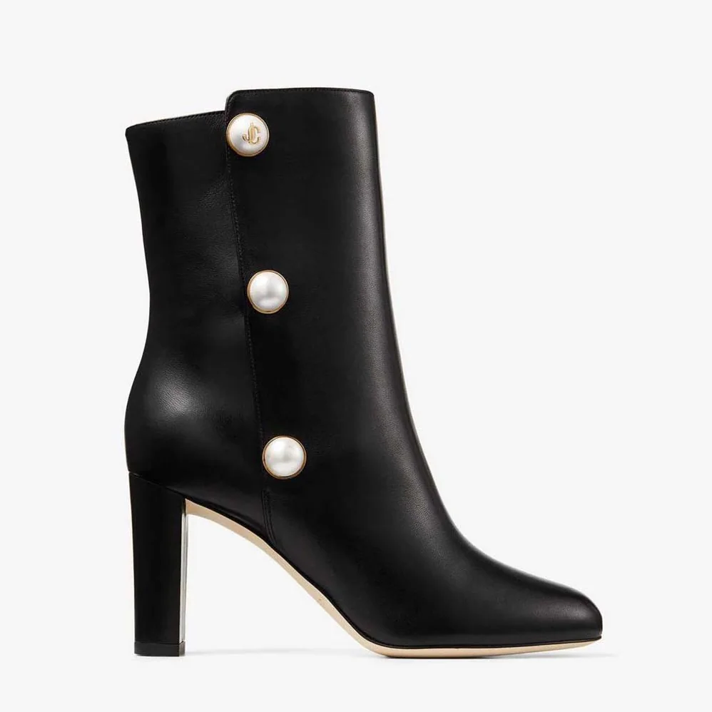 Jimmy Choo Black Nappa Leather Mid for Women in Calf Boots with Pearls Jimmy Choo Black Nappa Leather Mid for Women in Calf Boots with Pearls