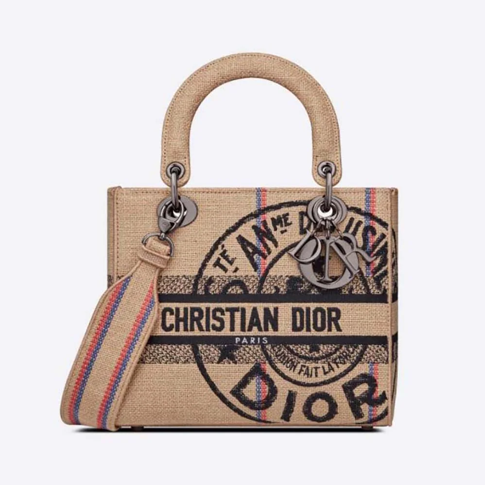 Dior Medium Lady D-Lite Bag Beige Jute Canvas Embroidered with Dior Union Motif for Women Dior Medium Lady D-Lite Bag Beige Jute Canvas Embroidered with Dior Union Motif for Women