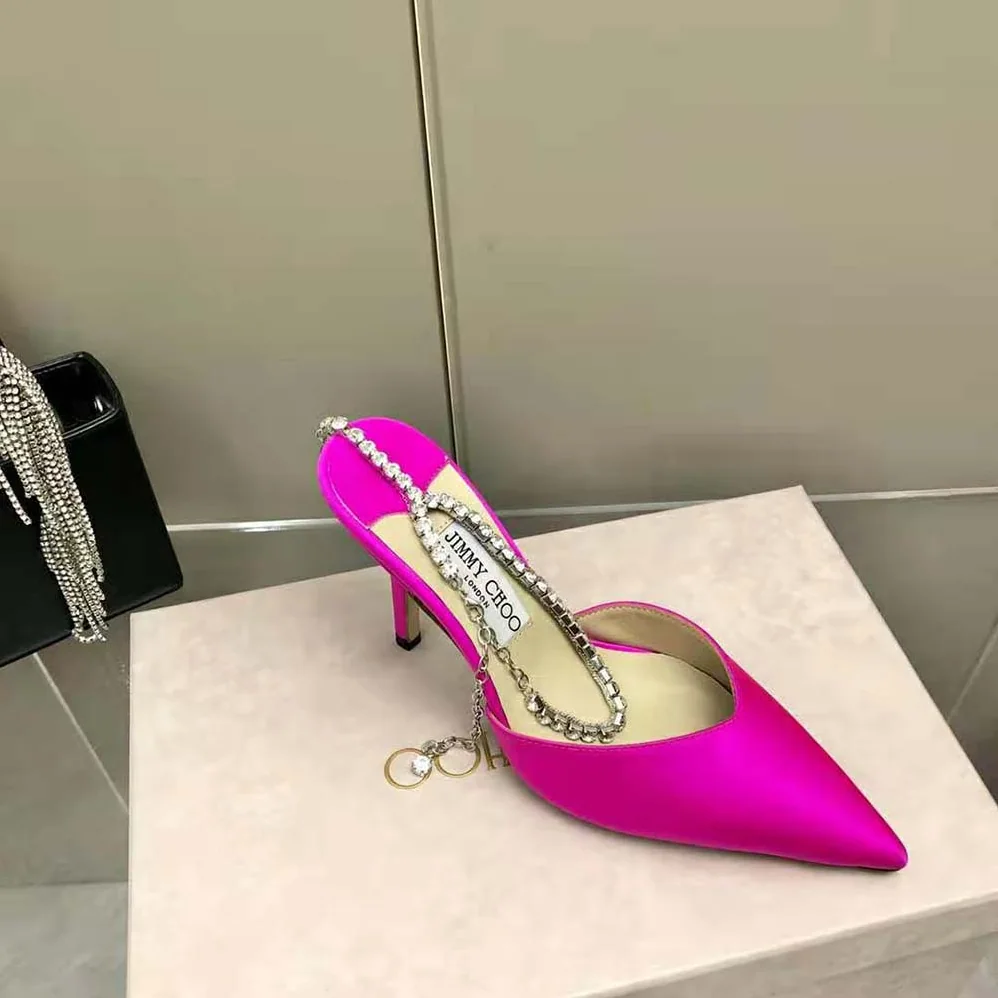 Jimmy Choo Saeda 100 Fuchsia Satin Pumps with Crystal Embellishment for Women Jimmy Choo Saeda 100 Fuchsia Satin Pumps with Crystal Embellishment for Women