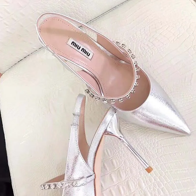 Miu Miu Shoes Nappa Leather Slingbacks with Crystals 85mm Heel for Women in Silver