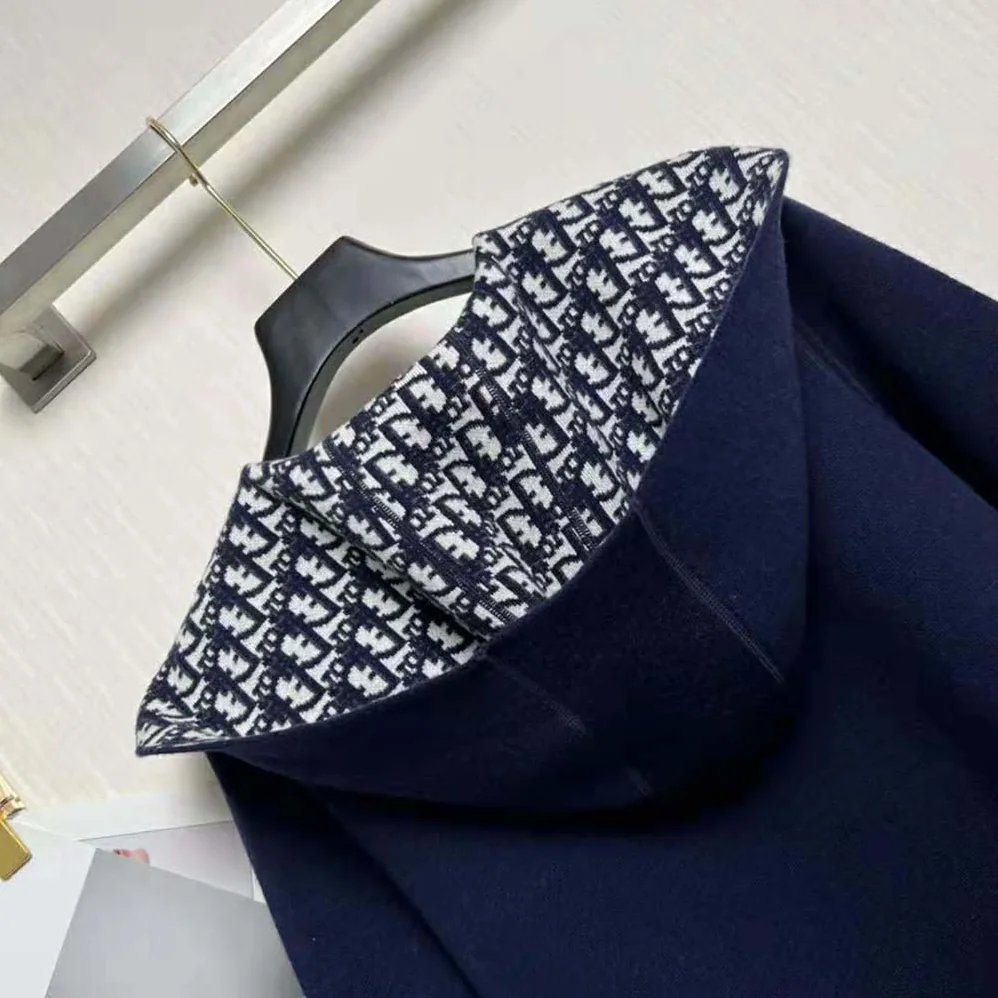 Dior Cropped Coat with Hood and Belt Navy Blue Double for Women in Sided Wool