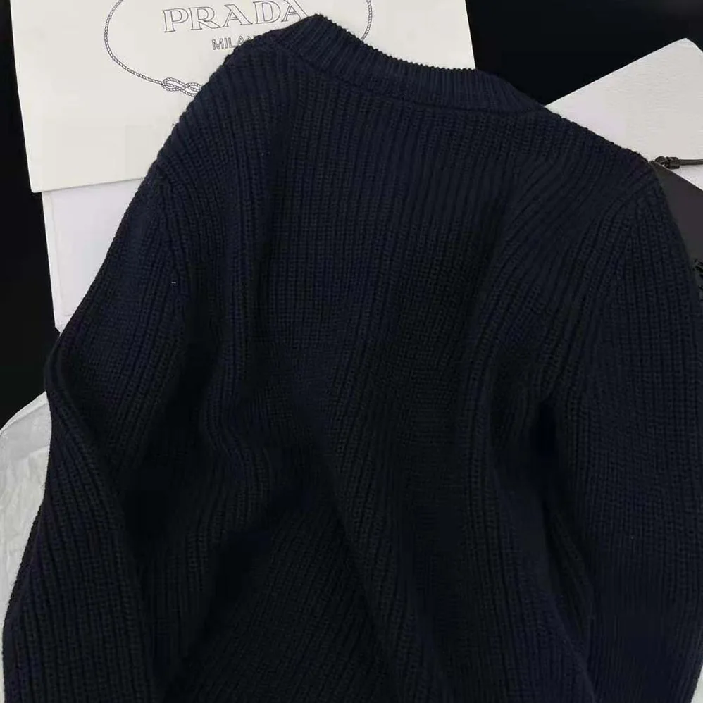 Prada Wool Cardigan with Contemporary Elegance Features Shiny Gold Buttons