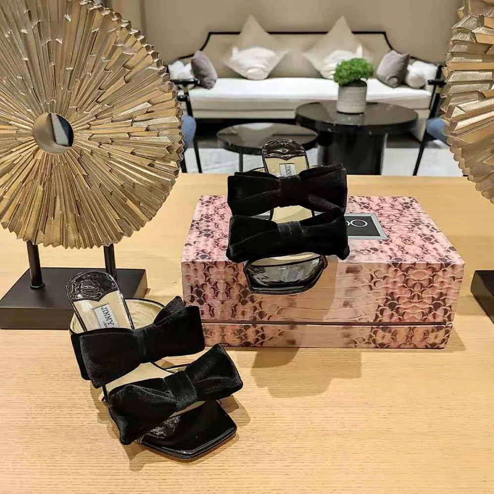 Jimmy Choo Flaca Sandal 100 Black Patent Sandal with Velvet Bow for Women Jimmy Choo Flaca Sandal 100 Black Patent Sandal with Velvet Bow for Women