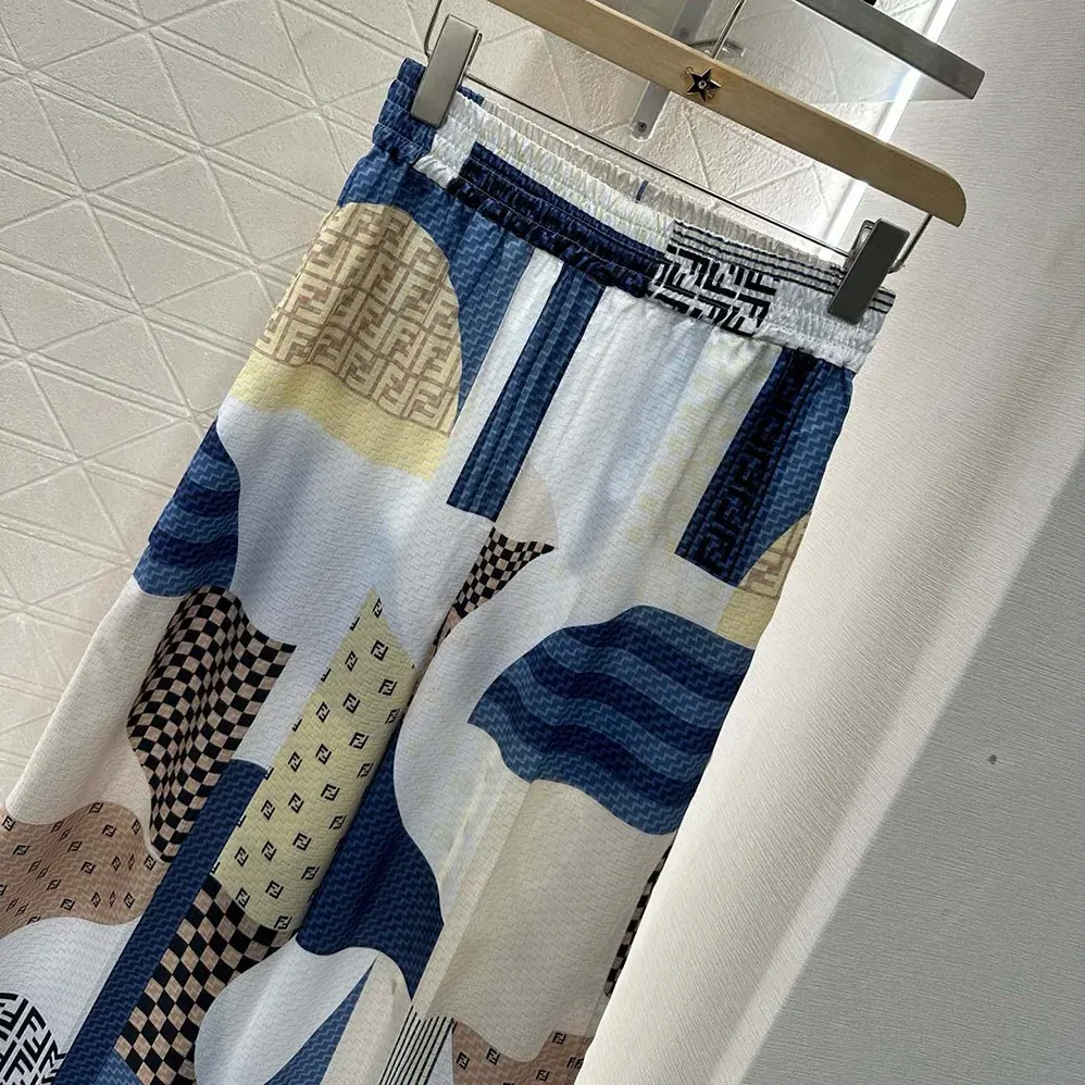 Fendi Blue Silk Pants with Patchwork Print for Women Fendi Blue Silk Pants with Patchwork Print for Women