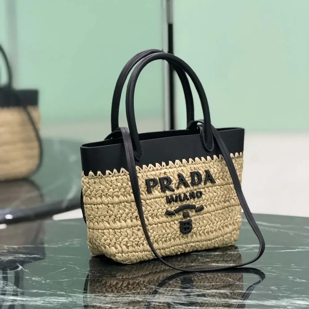 Prada Mini Crochet and Leather Tote Bag for Women Prada Mini Crochet and Leather Tote Bag for Women