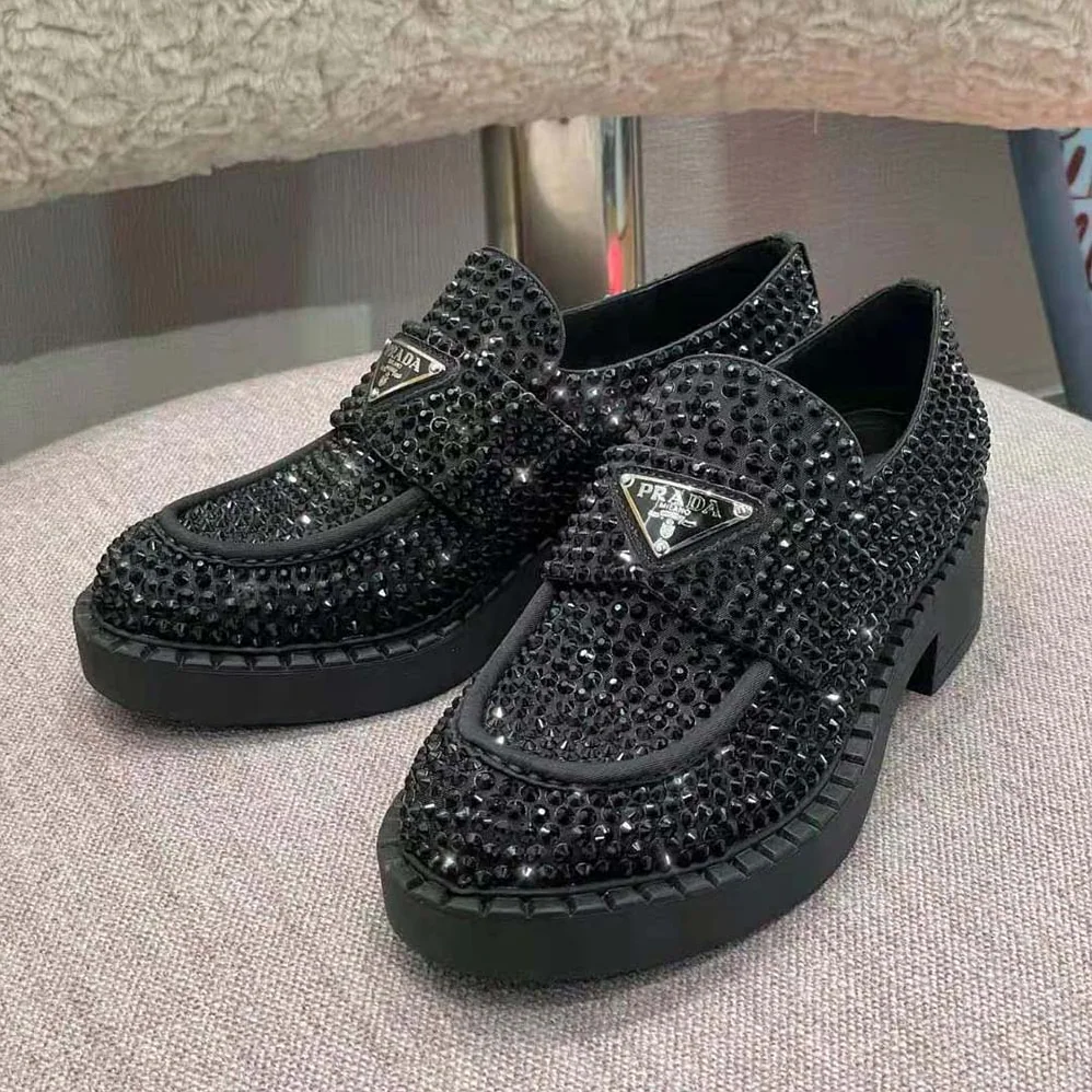 Prada Chocolate Satin Loafers with Crystals for Women in Black Prada Chocolate Satin Loafers with Crystals for Women in Black