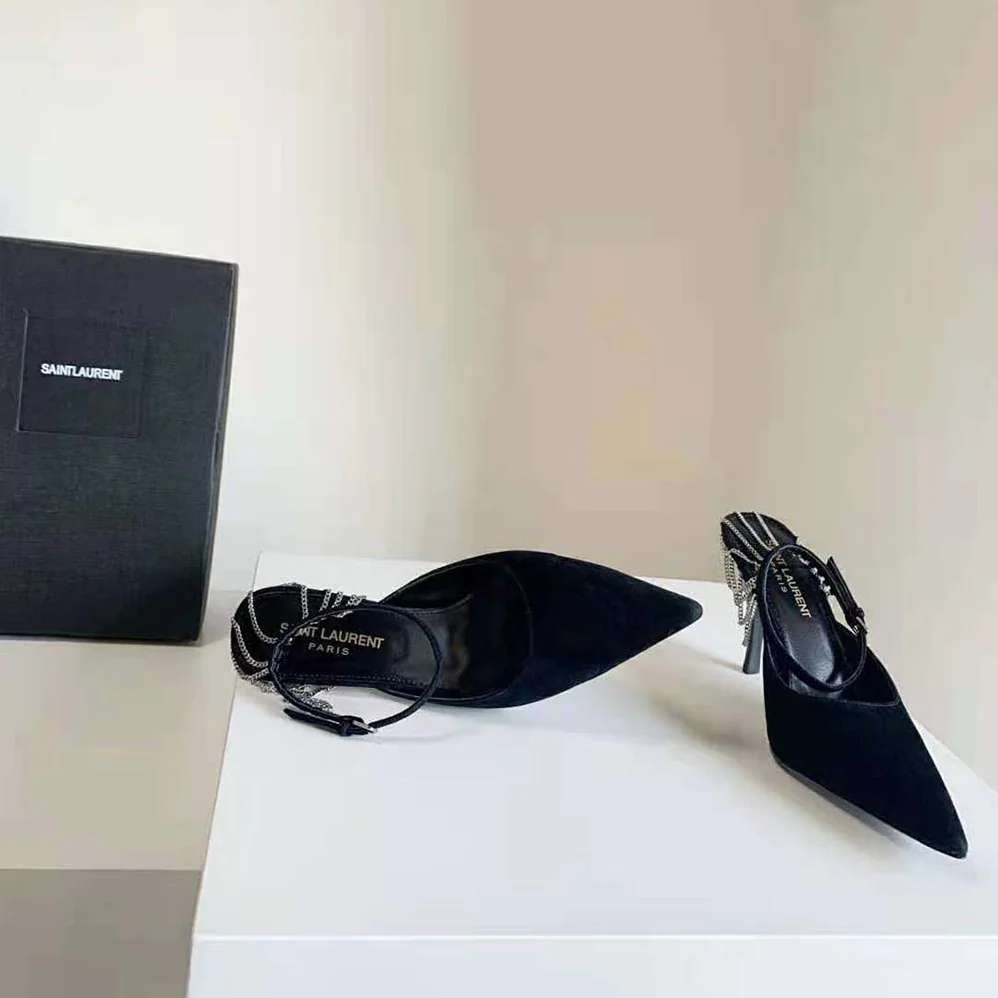 Saint Laurent YSL Sling Chain Pumps in Suede for Women in Black