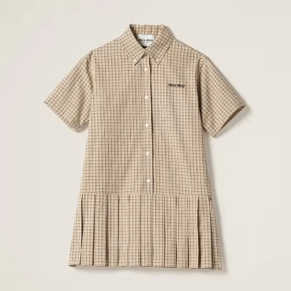 Miu Miu Pleated Check Dress with Embroidered Logo for Women