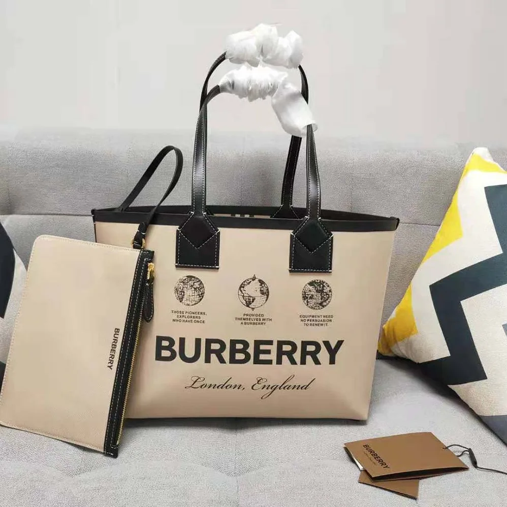 Burberry Label Print Cotton and Leather Small London Tote Bag for Women