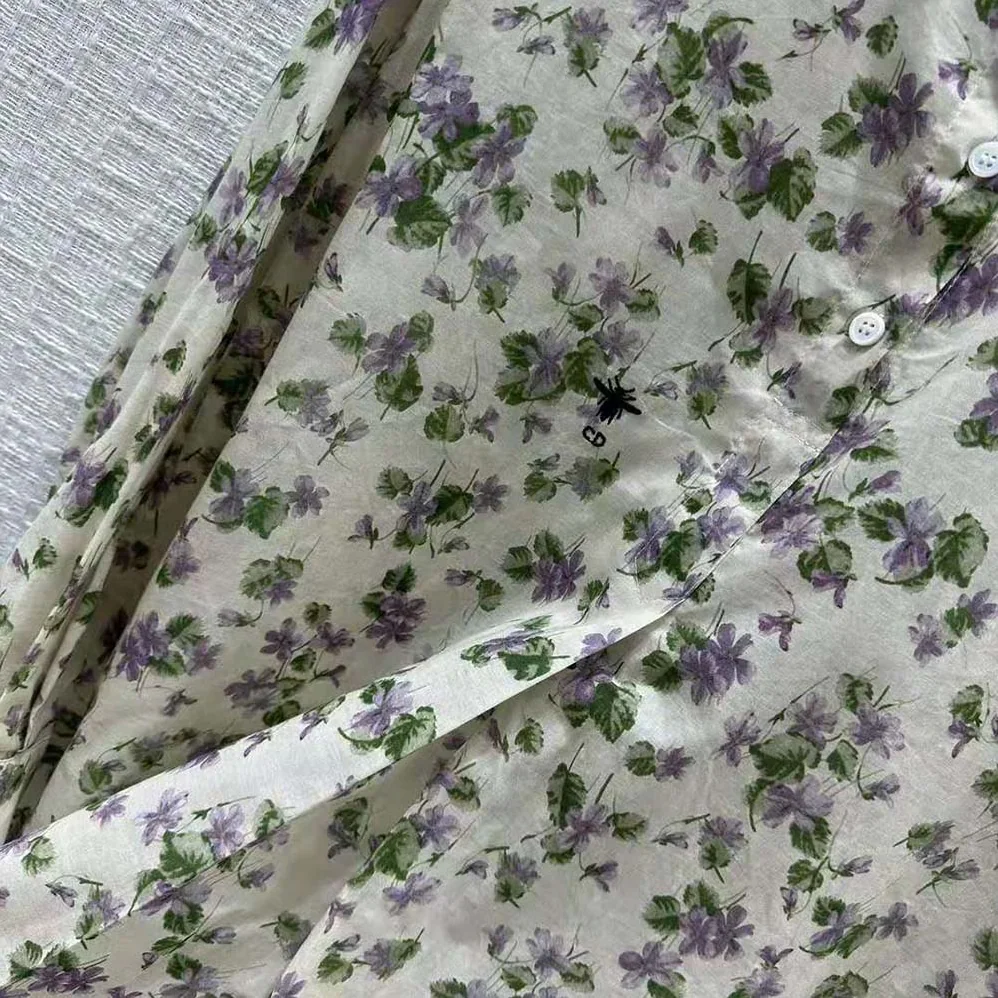 Dior Long Blouse Multicolor Cotton Voile with Violets Motif for Women Dior Long Blouse Multicolor Cotton Voile with Violets Motif for Women