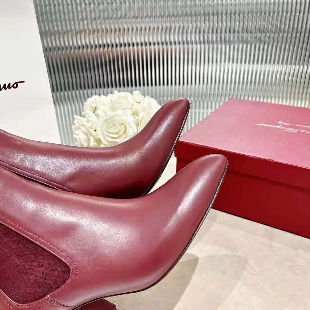 Salvatore Ferragamo Chelsea Boot in 55mm Heel for Women in Maroon Salvatore Ferragamo Chelsea Boot in 55mm Heel for Women in Maroon