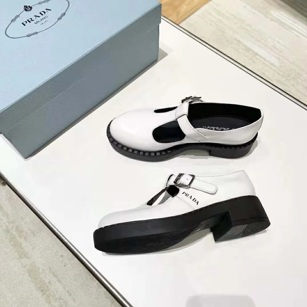 Prada Brushed-Leather Mary Jane T-Strap Shoes for Women in White Prada Brushed-Leather Mary Jane T-Strap Shoes for Women in White