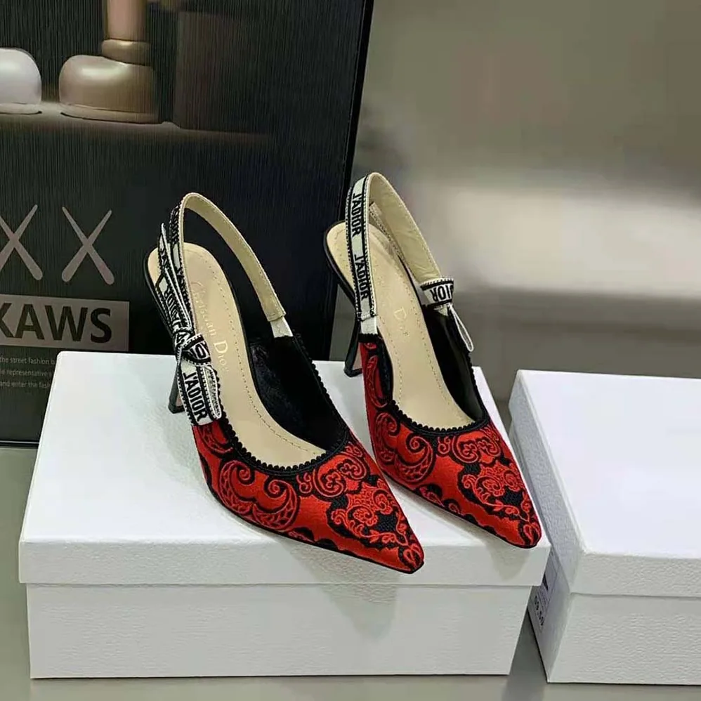 Dior J'Adior Slingback Pump Black and Red Cotton with Dior Bandana Embroidery for Women Dior J'Adior Slingback Pump Black and Red Cotton with Dior Bandana Embroidery for Women