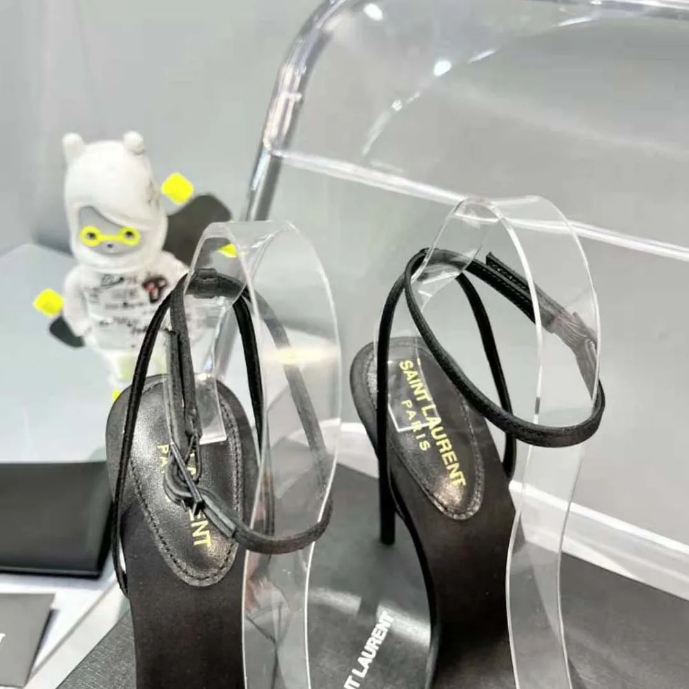 Saint Laurent YSL Gloria Sandals in Crepe Satin with Rhinestones for Women