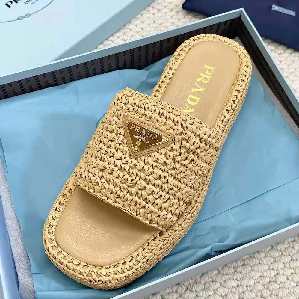 Prada Crochet Flatform Slides with Enameled Metal Triangle Logo for Women in Beige Prada Crochet Flatform Slides with Enameled Metal Triangle Logo for Women in Beige