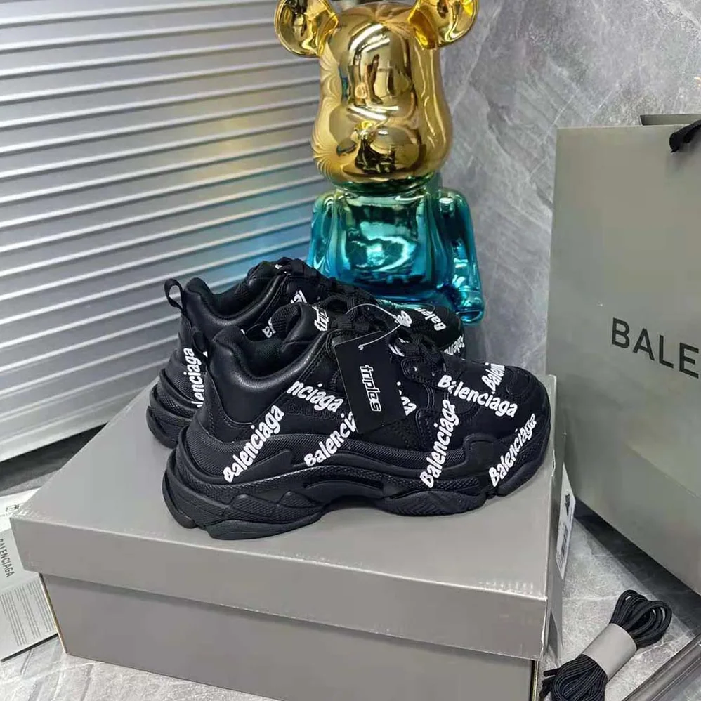 Balenciaga Triple S Logotype Sneaker in Black and White Technical Material for Women