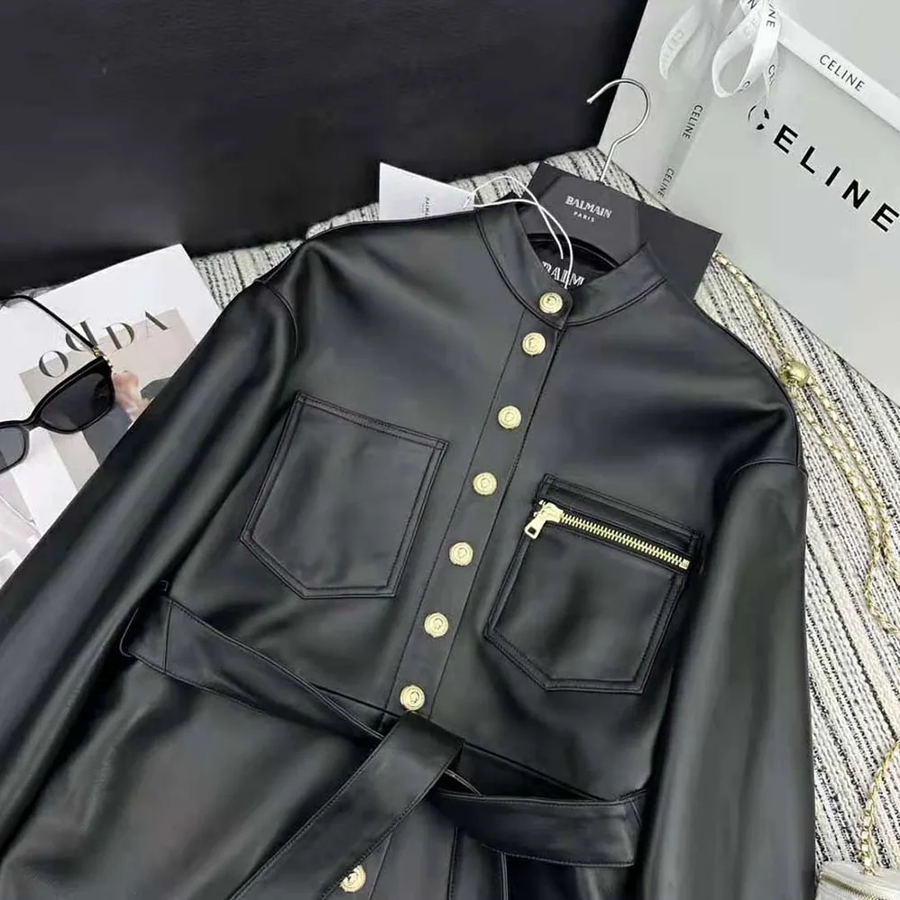 Balmain Leather Overshirt with Lace for Women in up Details
