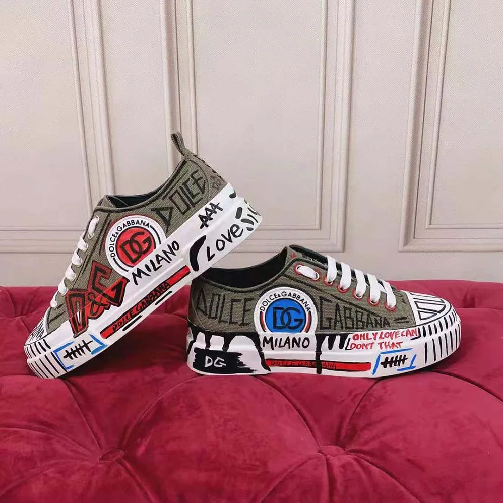 Dolce Gabbana D&G Hand-Painted Graffiti Canvas Portofino Light Sneakers for Women Dolce Gabbana D&G Hand-Painted Graffiti Canvas Portofino Light Sneakers for Women
