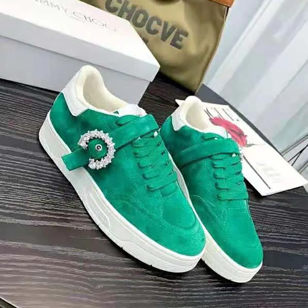 Jimmy Choo Osaka Lace up Malachite Suede and White Calf Leather Low Top Trainers for Women Jimmy Choo Osaka Lace up Malachite Suede and White Calf Leather Low Top Trainers for Women