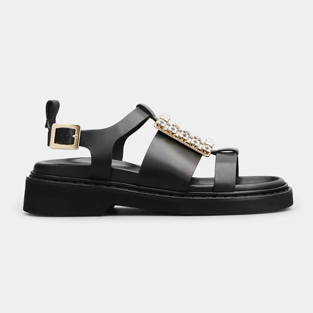 Roger Vivier Viv' Rangers Strass Buckle Sandals in Leather for Women in Black Roger Vivier Viv' Rangers Strass Buckle Sandals in Leather for Women in Black