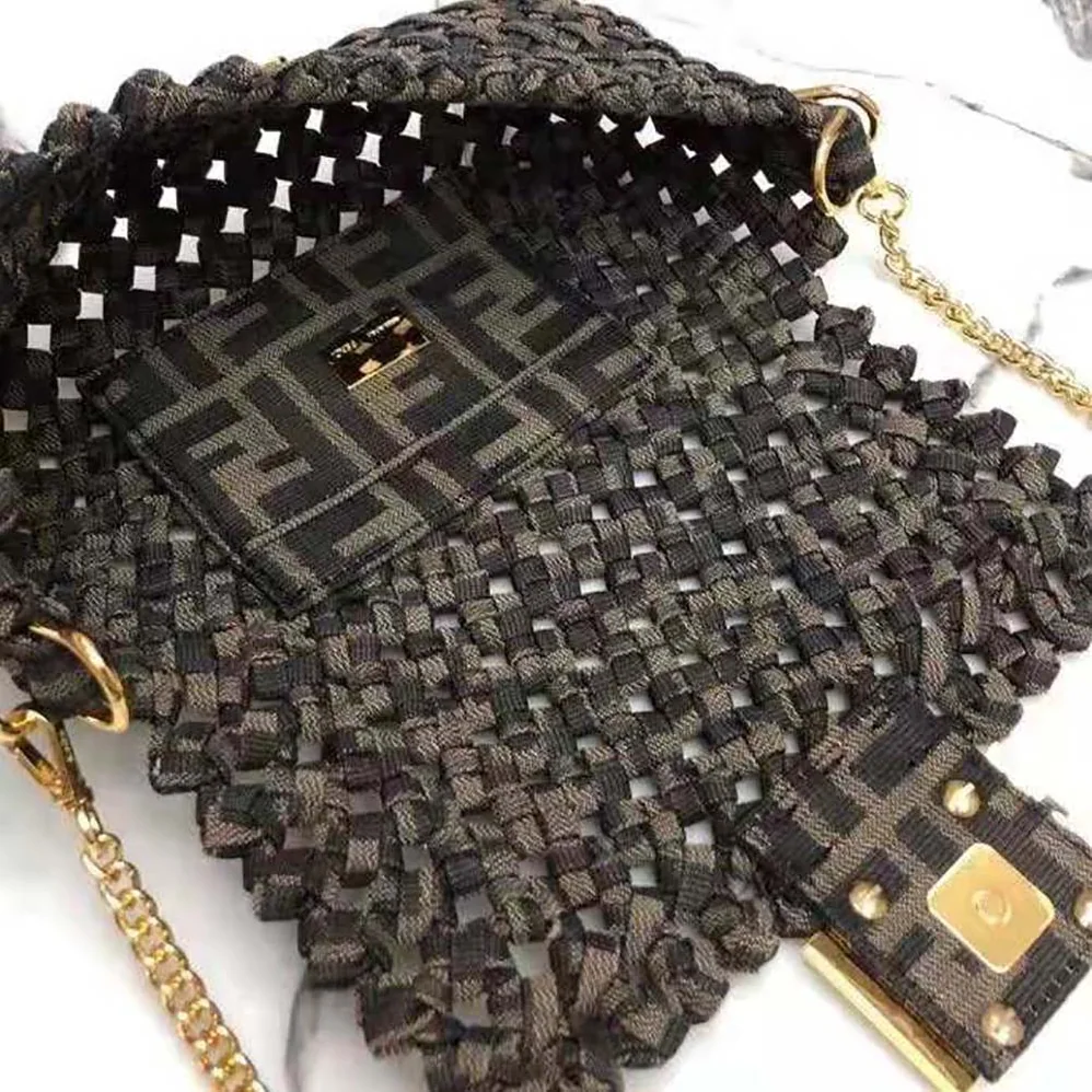 Fendi Baguette Jacquard Fabric Interlace Bag for Women in Olive Fendi Baguette Jacquard Fabric Interlace Bag for Women in Olive