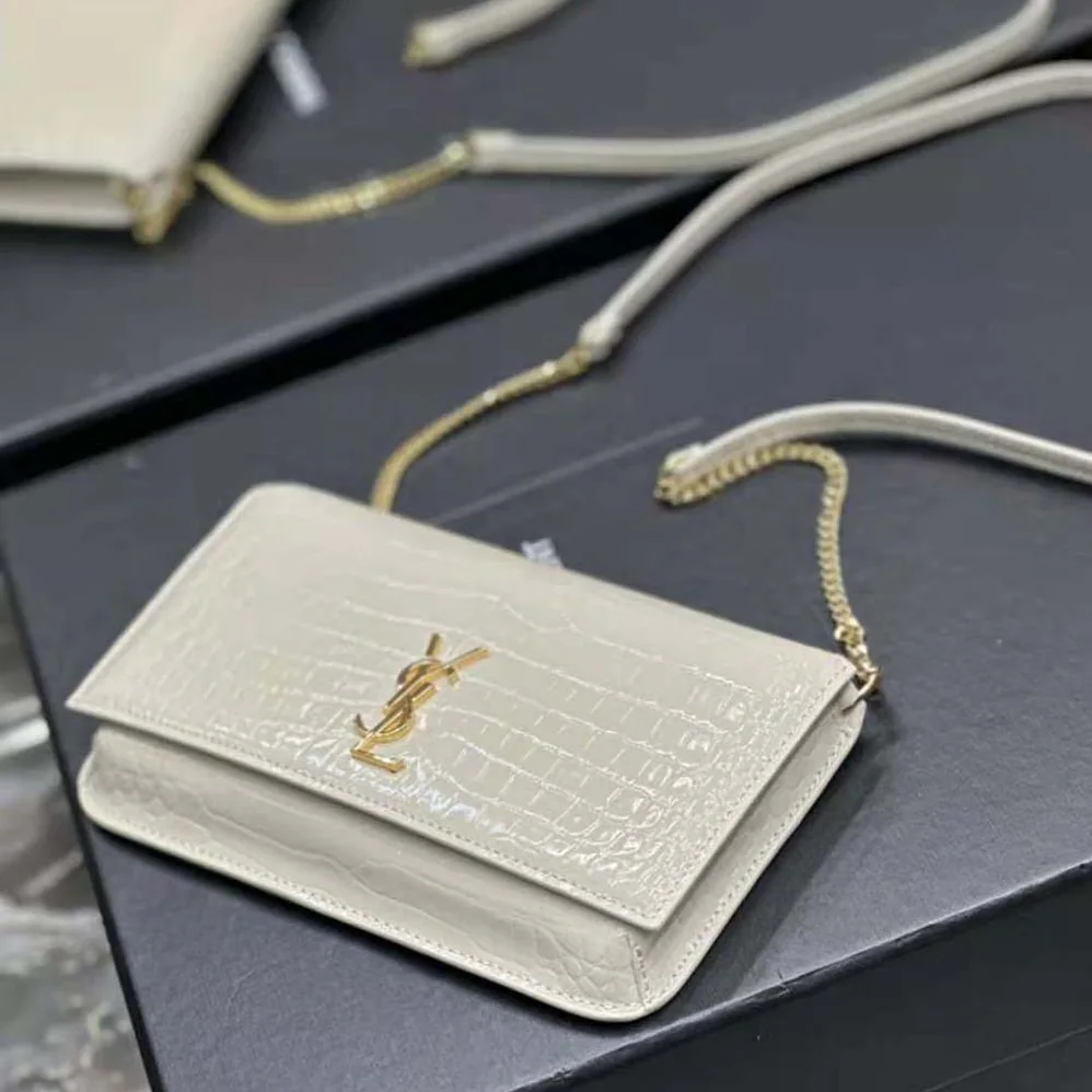 Saint Laurent YSL Cassandre Phone Holder with Strap in Shiny Crocodile-Embossed Leather for Women in White Saint Laurent YSL Cassandre Phone Holder with Strap in Shiny Crocodile-Embossed Leather for Women in White