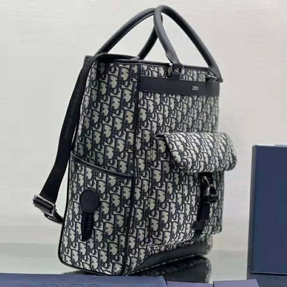 Dior Explorer Tote Bag Beige and Black Dior Oblique Jacquard and Black Grained Calfskin for Men