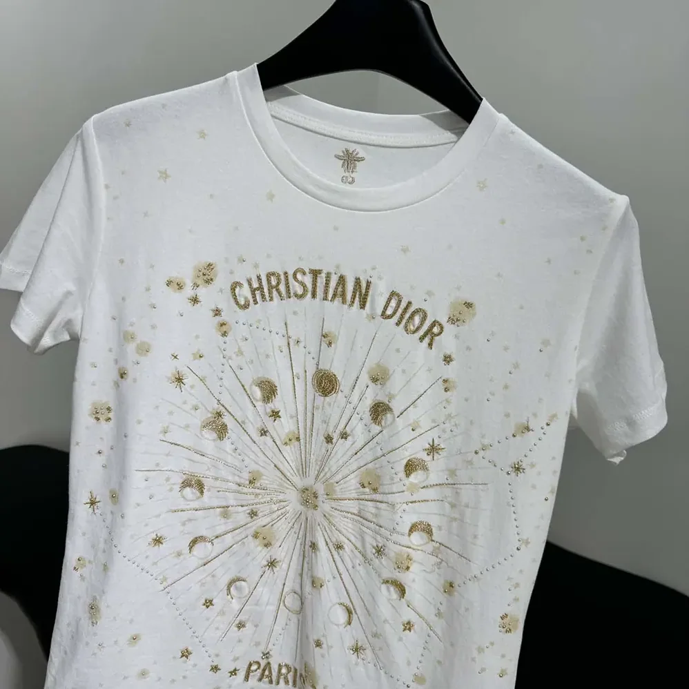 Dior Embroidered T-Shirt White Cotton Jersey with Gold for Women in Tone Dior Astral Motif