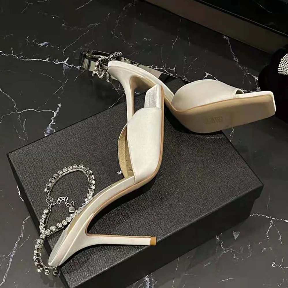 Jimmy Choo Saeda Sandal 100 Ivory Satin Sandals with Crystal Embellishment for Women Jimmy Choo Saeda Sandal 100 Ivory Satin Sandals with Crystal Embellishment for Women