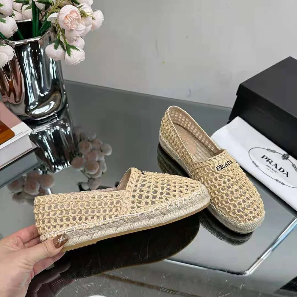 Prada Crochet Espadrilles with Embroidered Logo for Women in Beige