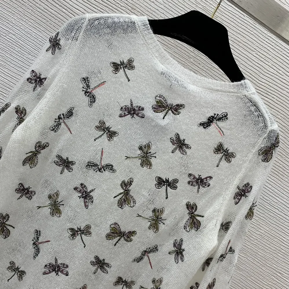 Dior Twinset White Mohair and Alpaca Blend Knit with Multicolor Dragonfly Motif for Women