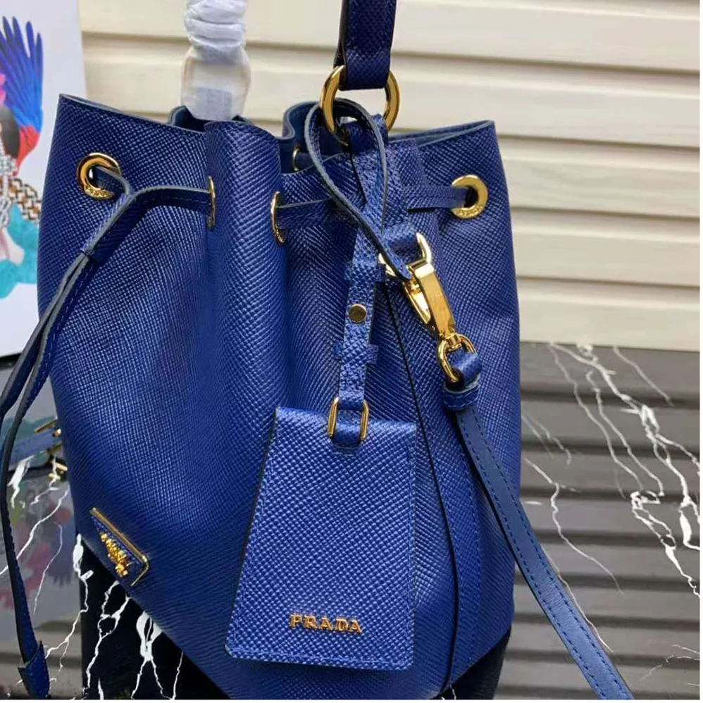 Prada Saffiano Leather Bucket Bag for Women in Navy