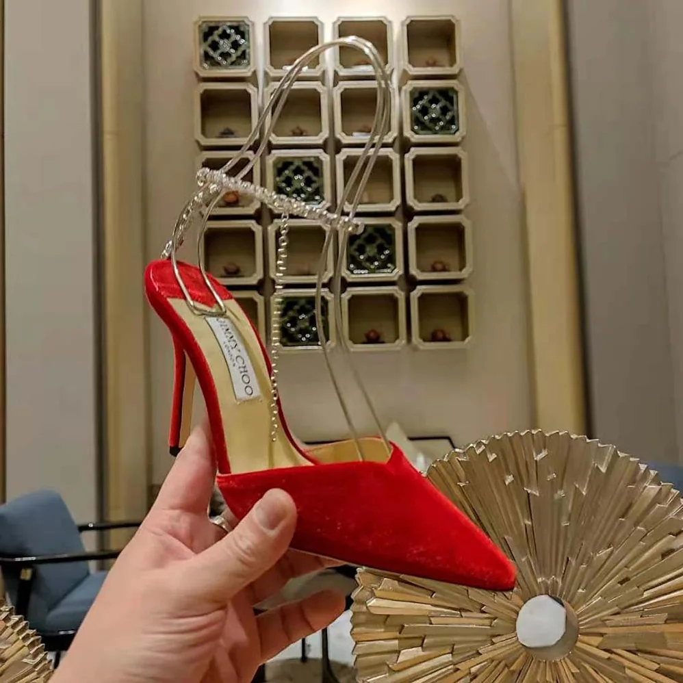 Jimmy Choo Saeda 85 Red Velvet Pumps with Crystal Embellishment for Women Jimmy Choo Saeda 85 Red Velvet Pumps with Crystal Embellishment for Women