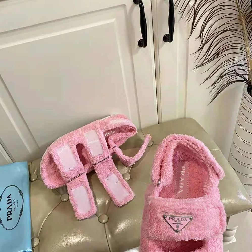 Prada Terrycloth Sandals with Enameled Metal Triangle Logo for Women in Pink