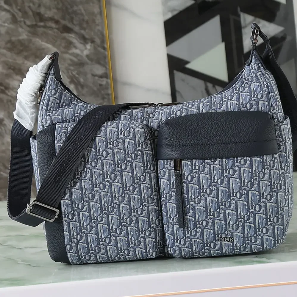 Dior Medium Rider Soft Hobo Bag Blue Dior Oblique Jacquard and Blue Grained Calfskin for Men Dior Medium Rider Soft Hobo Bag Blue Dior Oblique Jacquard and Blue Grained Calfskin for Men