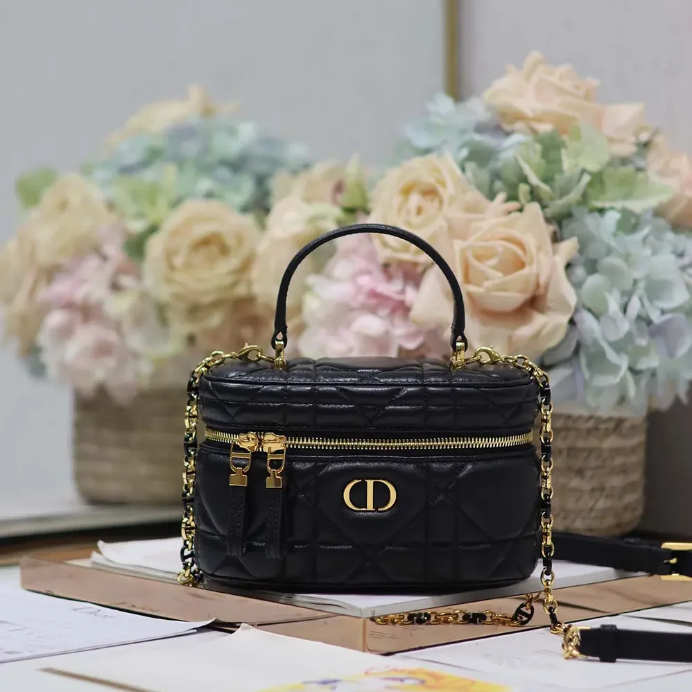 Dior Caro Mini Vanity Case Black Macrocannage Lambskin for Women