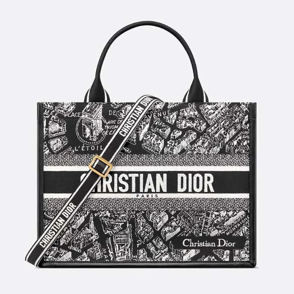 Dior Medium Dior Book Tote Black and White Plan de Paris Embroidery with Black Calfskin for Women Dior Medium Dior Book Tote Black and White Plan de Paris Embroidery with Black Calfskin for Women