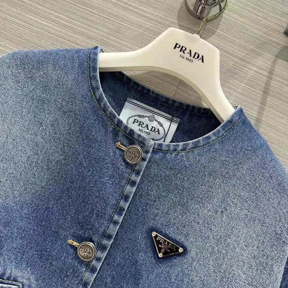 Prada Denim Blouson Jacket with Enameled Metal Triangle Logo for Women