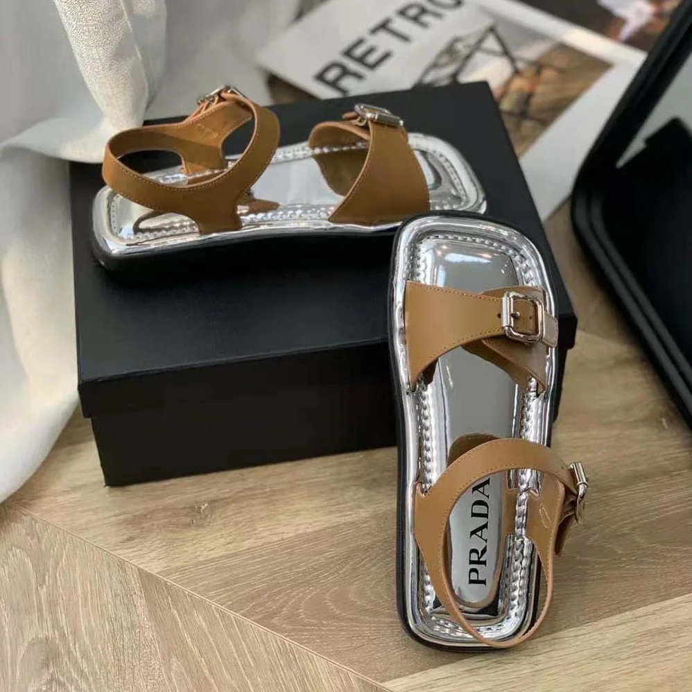 Prada Flat Rectangular Leather Sandals for Women in Brown Prada Flat Rectangular Leather Sandals for Women in Brown