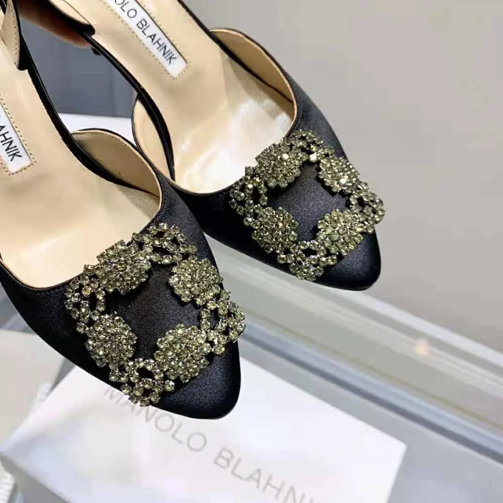 Manolo Blahnik Black Satin Jewel Buckle Slingback Pumps for Women Manolo Blahnik Black Satin Jewel Buckle Slingback Pumps for Women